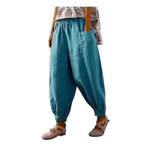 Utoimkio Women's Linen Harem Pants Blue Small